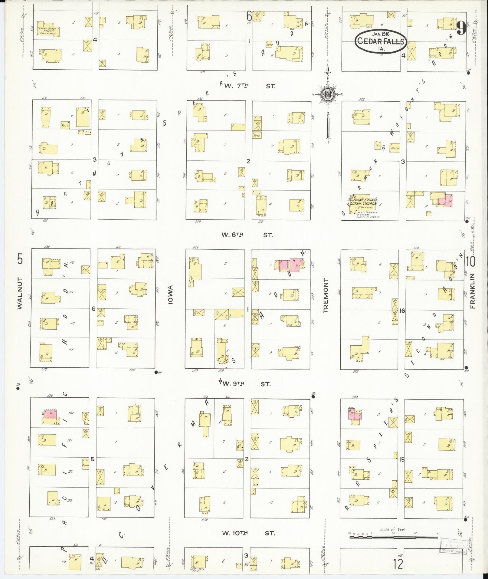 Sanborn Fire Insurance Map from Cedar Falls, Black Hawk County, Iowa (1916), Sheet #0009 - Historic Sanborn Fire Insurance Map Print, vintage old map wall art