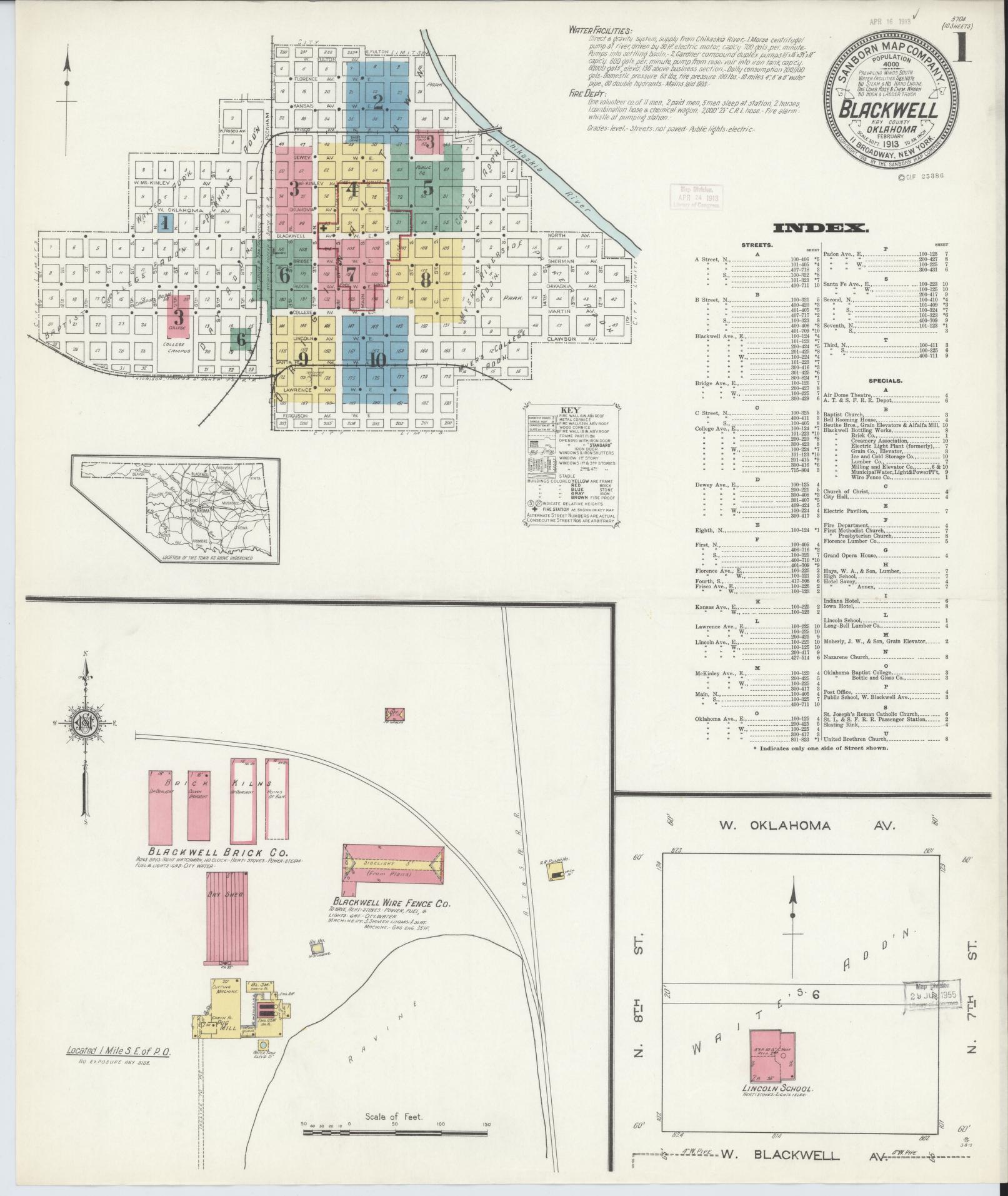 Sanborn Fire Insurance Map from Blackwell, Kay County, Oklahoma (1913), Sheet #0001 - Historic Sanborn Fire Insurance Map Print, vintage old map wall art, antique decor, genealogy gift, Oklahoma Oklahoma map