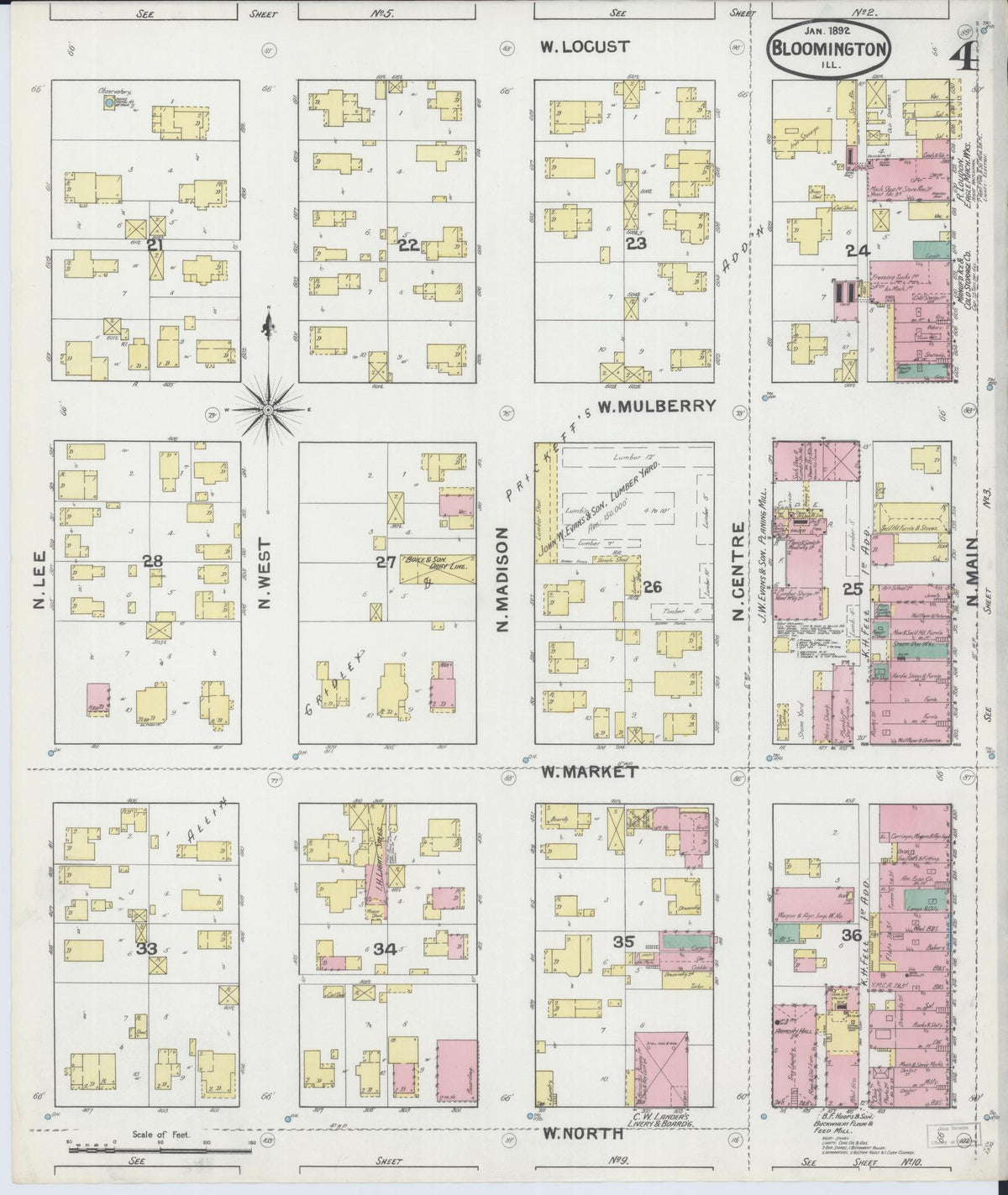 Sanborn Fire Insurance Map from Bloomington, McLean County, Illinois (1892), Sheet #0004 - Historic Sanborn Fire Insurance Map Print, vintage old map wall art, antique decor, genealogy gift, Illinois Illinois map