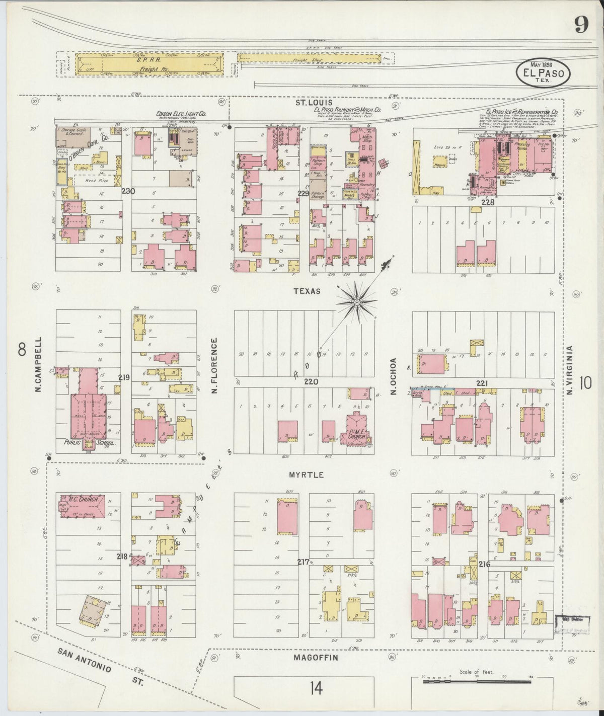 Sanborn Fire Insurance Map from El Paso, El Paso County, Texas (1898), Sheet #0009 - Historic Sanborn Fire Insurance Map Print, vintage old map wall art, antique decor, genealogy gift, Texas Texas map