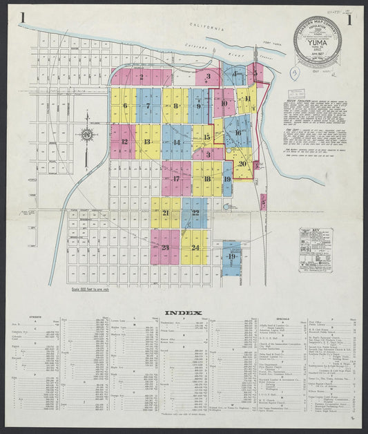 Sanborn Fire Insurance Map from Yuma, Yuma County, Arizona (1927), Sheet #0001 - Historic Sanborn Fire Insurance Map Print, vintage old map wall art, antique decor, genealogy gift, Arizona Arizona map