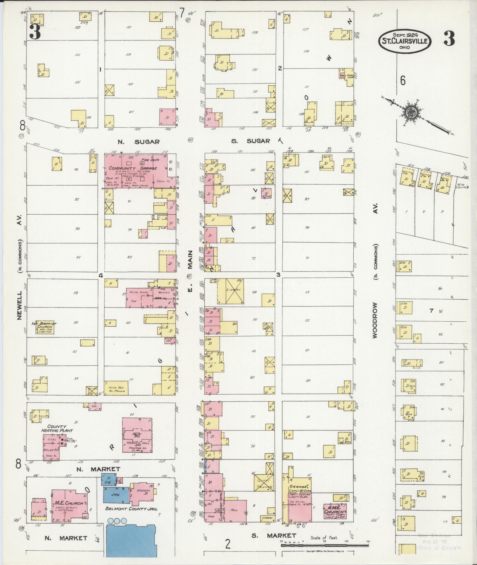 Sanborn Fire Insurance Map from Saint Clairsville, Belmont County, Ohio (1924), Sheet #0003 - Historic Sanborn Fire Insurance Map Print, vintage old map wall art, antique decor, genealogy gift, Ohio Ohio map