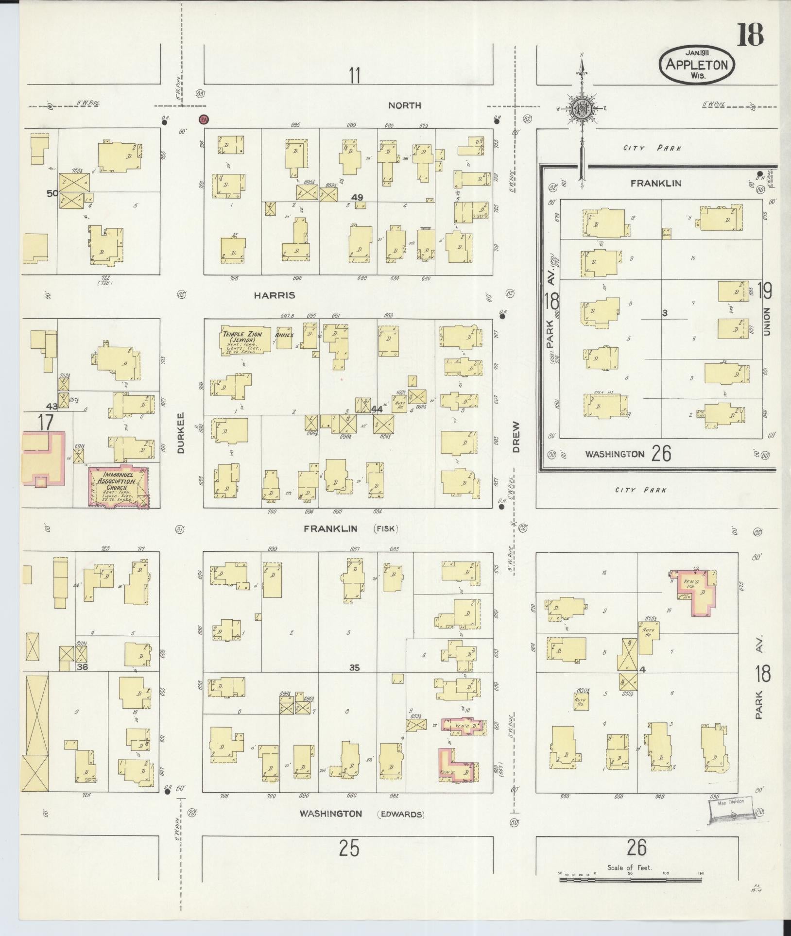 Sanborn Fire Insurance Map from Appleton, Outagamie County, Wisconsin (1911), Sheet #0018 - Historic Sanborn Fire Insurance Map Print, vintage old map wall art, antique decor, genealogy gift, Wisconsin Wisconsin map