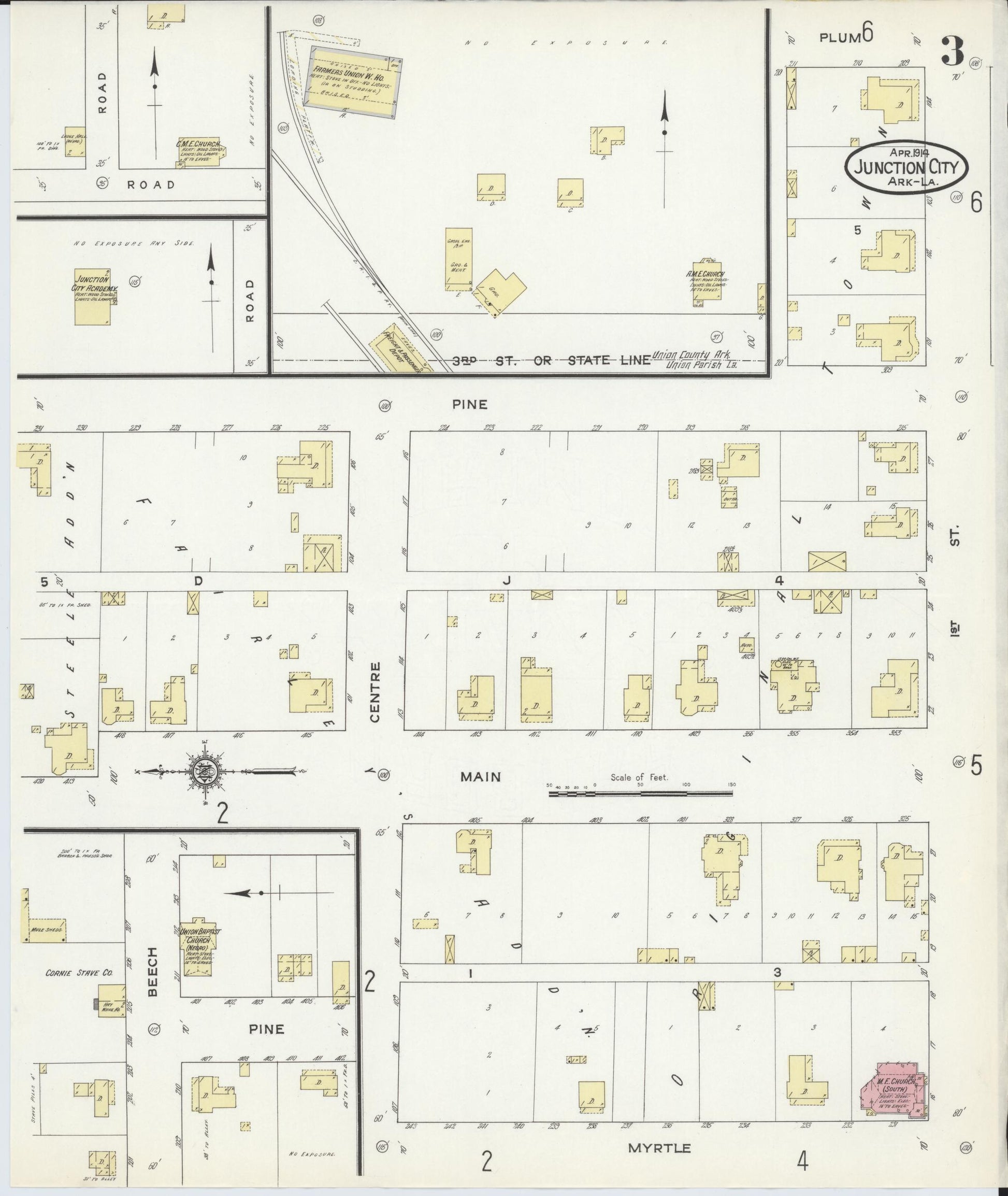 Sanborn Fire Insurance Map from Junction City, Union County, Arkansas (1914), Sheet #0003 - Complete Map Set gallery image, historic Sanborn map, vintage wall art, Arkansas Arkansas