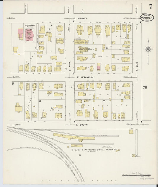 Sanborn Fire Insurance Map from Warren, Trumbull County, Ohio (1915), Sheet #0007 - Historic Sanborn Fire Insurance Map Print, vintage old map wall art, antique decor, genealogy gift, Ohio Ohio map