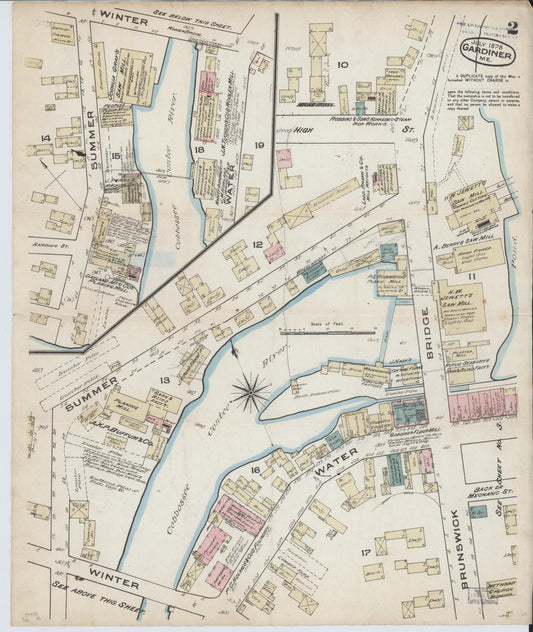 Sanborn Fire Insurance Map from Gardiner, Kennebec County, Maine (1878), Sheet #0002 - Historic Sanborn Fire Insurance Map Print, vintage old map wall art, antique decor, genealogy gift, Maine Maine map