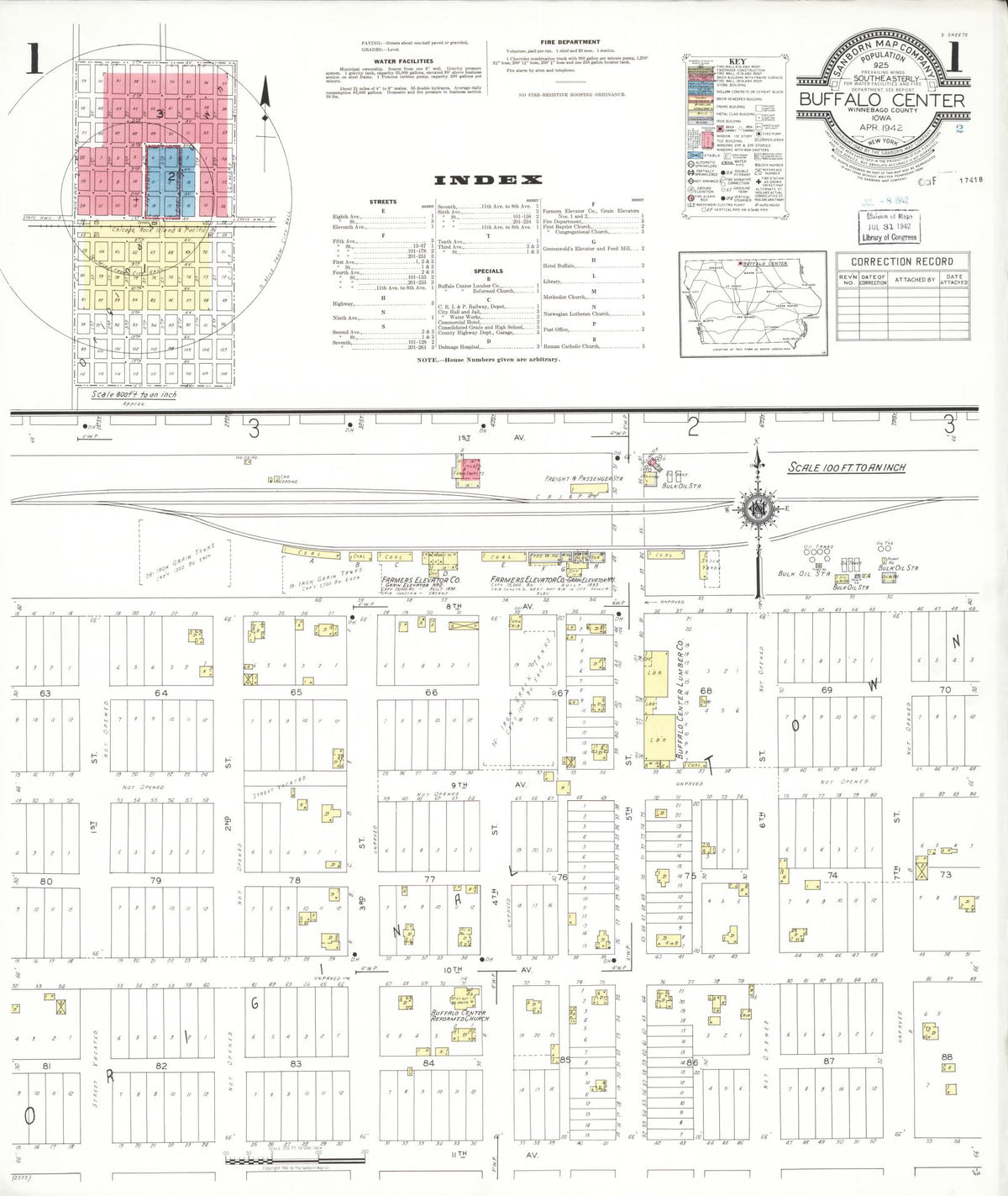 Sanborn Fire Insurance Map from Buffalo Center, Winnebago County, Iowa (1942), Sheet #0001 - Historic Sanborn Fire Insurance Map Print