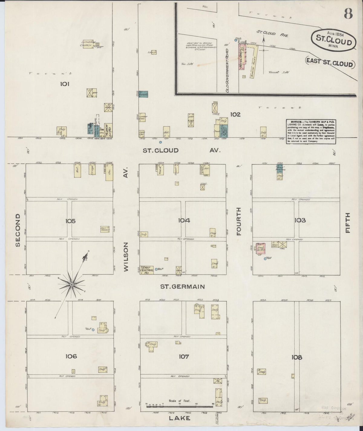 Sanborn Fire Insurance Map from Saint Cloud, Stearns, Benton, and Sherburne Counties, Minnesota (1884), Sheet #0008 - Historic Sanborn Fire Insurance Map Print, vintage old map wall art, antique decor, genealogy gift, Minnesota Minnesota map
