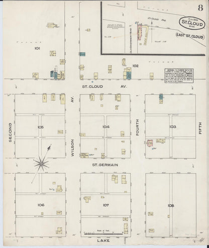 Sanborn Fire Insurance Map from Saint Cloud, Stearns, Benton, and Sherburne Counties, Minnesota (1884), Sheet #0008 - Historic Sanborn Fire Insurance Map Print, vintage old map wall art, antique decor, genealogy gift, Minnesota Minnesota map
