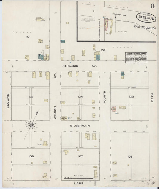 Sanborn Fire Insurance Map from Saint Cloud, Stearns, Benton, and Sherburne Counties, Minnesota (1884), Sheet #0008 - Historic Sanborn Fire Insurance Map Print, vintage old map wall art, antique decor, genealogy gift, Minnesota Minnesota map