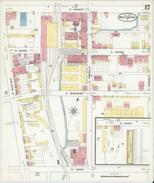 Sanborn Fire Insurance Map from West Chester, Chester County, Pennsylvania (1909), Sheet #0017 - Historic Sanborn Fire Insurance Map Print, vintage old map wall art, antique decor, genealogy gift, Pennsylvania Pennsylvania map