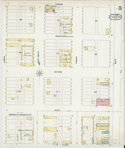 Sanborn Fire Insurance Map from Vernon, Wilbarger County, Texas (1896), Sheet #0005 - Historic Sanborn Fire Insurance Map Print, vintage old map wall art, antique decor, genealogy gift, Texas Texas map