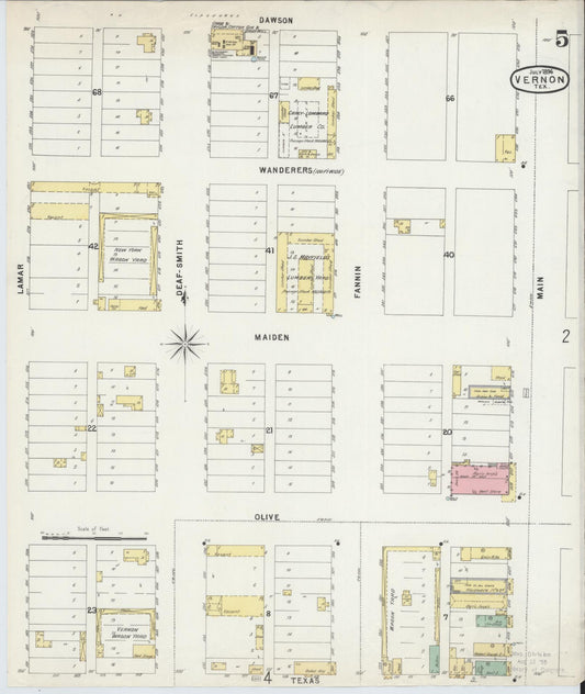 Sanborn Fire Insurance Map from Vernon, Wilbarger County, Texas (1896), Sheet #0005 - Historic Sanborn Fire Insurance Map Print, vintage old map wall art, antique decor, genealogy gift, Texas Texas map