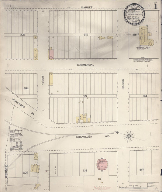 Sanborn Fire Insurance Map from Inglewood, Los Angeles County, California (1892), Sheet #0001 - Complete Map Set gallery image, historic Sanborn map, vintage wall art, California California