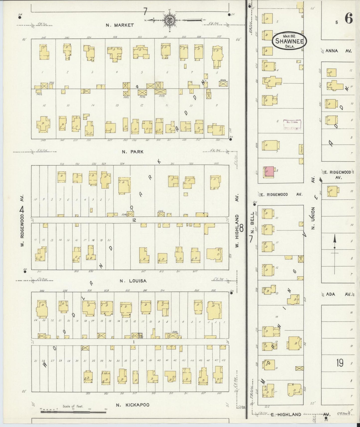Sanborn Fire Insurance Map from Shawnee, Pottawatomie County, Oklahoma (1912), Sheet #0006 - Complete Map Set gallery image, historic Sanborn map, vintage wall art, Oklahoma Oklahoma