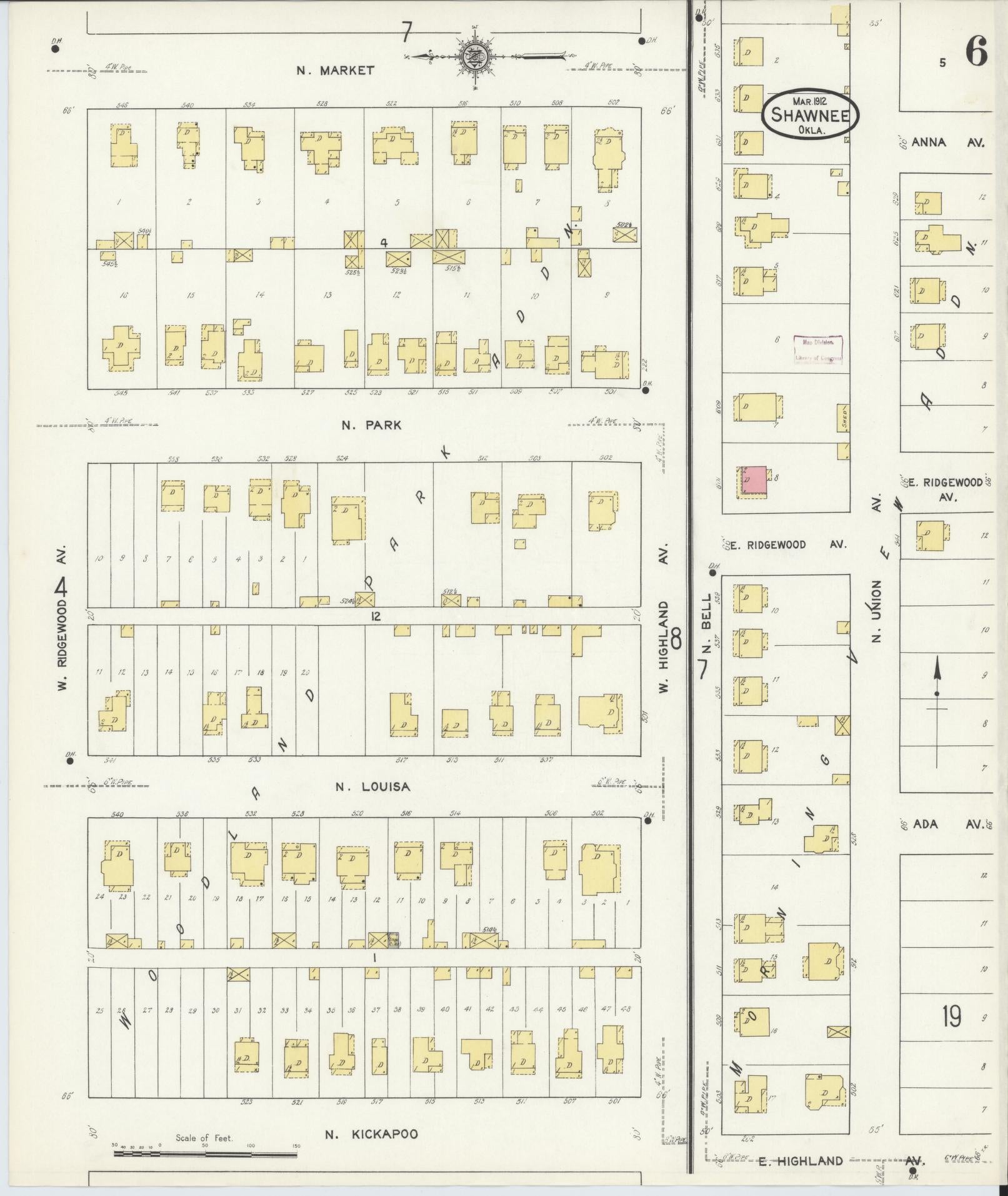 Sanborn Fire Insurance Map from Shawnee, Pottawatomie County, Oklahoma (1912), Sheet #0006 - Complete Map Set gallery image, historic Sanborn map, vintage wall art, Oklahoma Oklahoma
