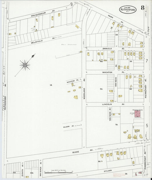 Sanborn Fire Insurance Map from Rutherford, Bergen County, New Jersey (1909), Sheet #0008 - Historic Sanborn Fire Insurance Map Print, vintage old map wall art, antique decor, genealogy gift, New Jersey New Jersey map