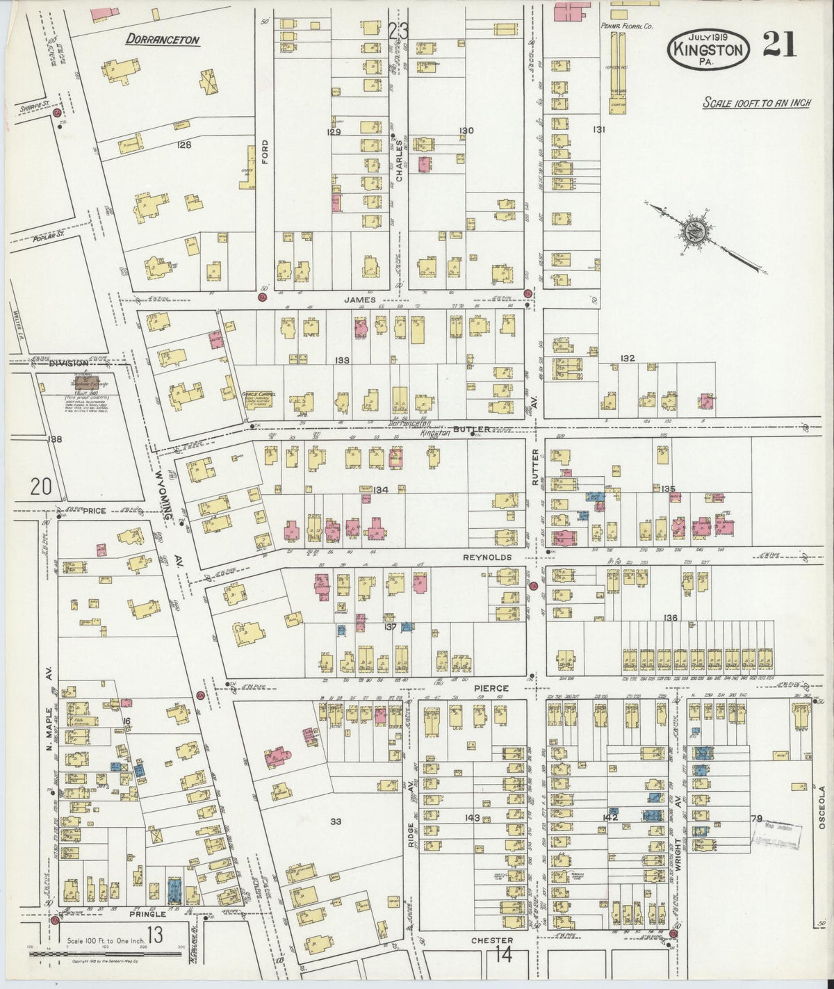 Sanborn Fire Insurance Map from Kingston, Luzerne County, Pennsylvania (1919), Sheet #0021 - Historic Sanborn Fire Insurance Map Print, vintage old map wall art, antique decor, genealogy gift, Pennsylvania Pennsylvania map