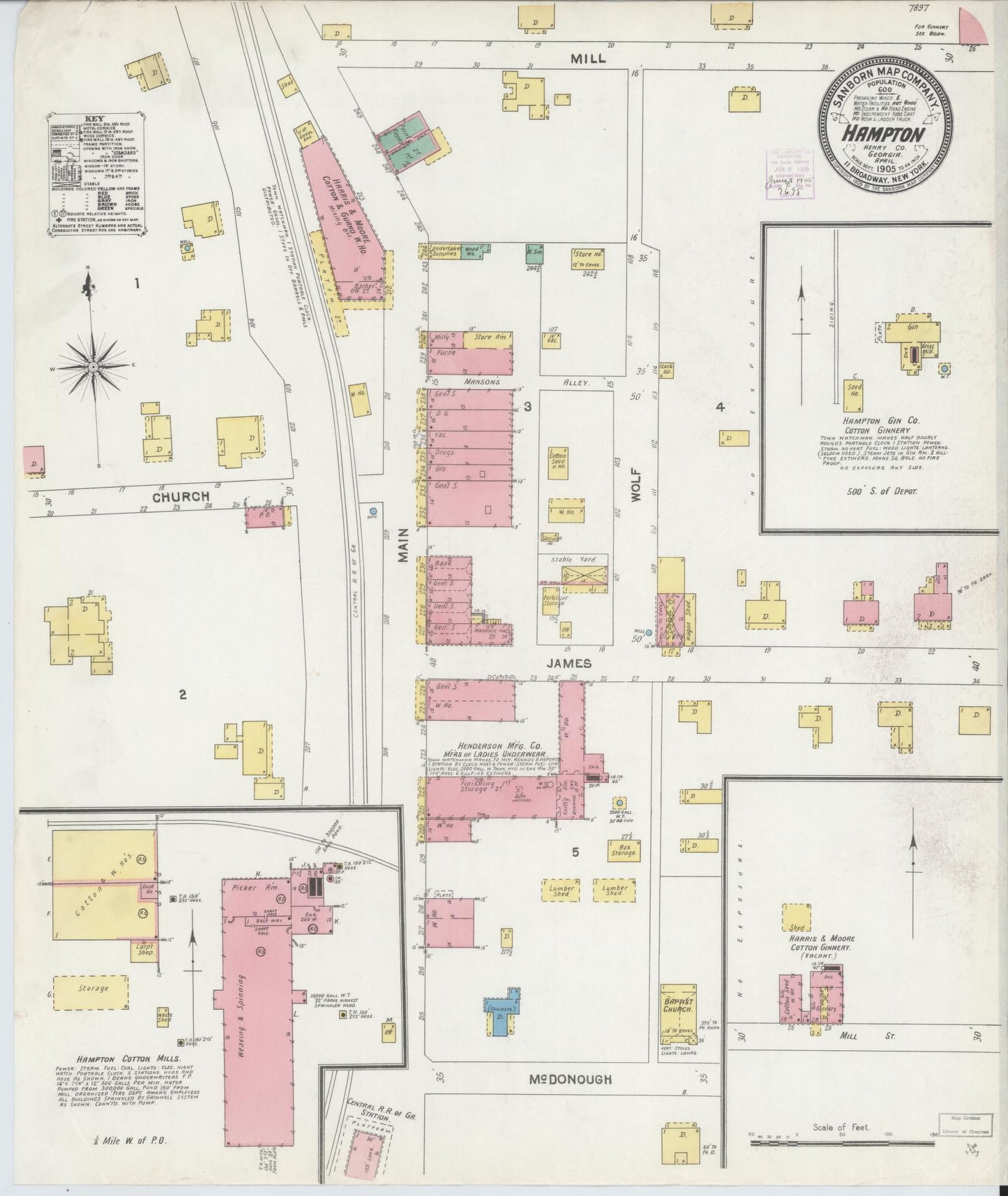 Sanborn Fire Insurance Map from Hampton, Henry County, Georgia (1905), Sheet #0001 - Historic Sanborn Fire Insurance Map Print, vintage old map wall art, antique decor, genealogy gift, Georgia Georgia map