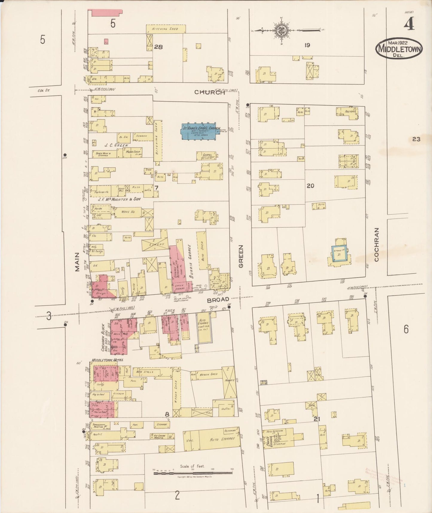 Sanborn Fire Insurance Map from Middletown, New Castle County, Delaware (1922), Sheet #0004 - Historic Sanborn Fire Insurance Map Print, vintage old map wall art, antique decor, genealogy gift, Delaware Delaware map