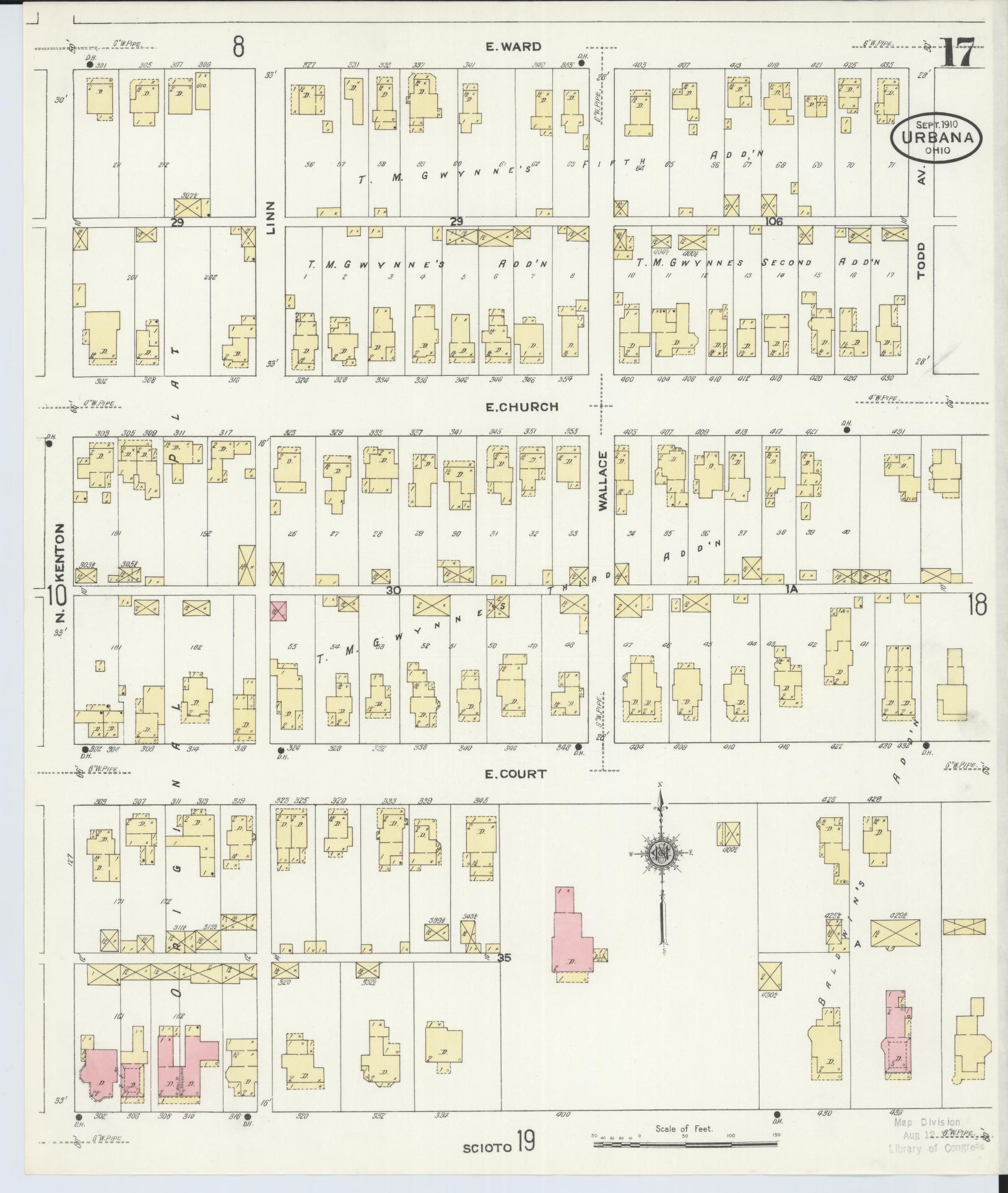 Sanborn Fire Insurance Map from Urbana, Champaign County, Ohio (1910), Sheet #0017 - Historic Sanborn Fire Insurance Map Print, vintage old map wall art, antique decor, genealogy gift, Ohio Ohio map