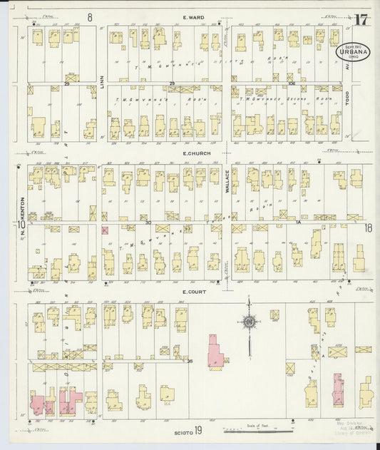 Sanborn Fire Insurance Map from Urbana, Champaign County, Ohio (1910), Sheet #0017 - Historic Sanborn Fire Insurance Map Print, vintage old map wall art, antique decor, genealogy gift, Ohio Ohio map