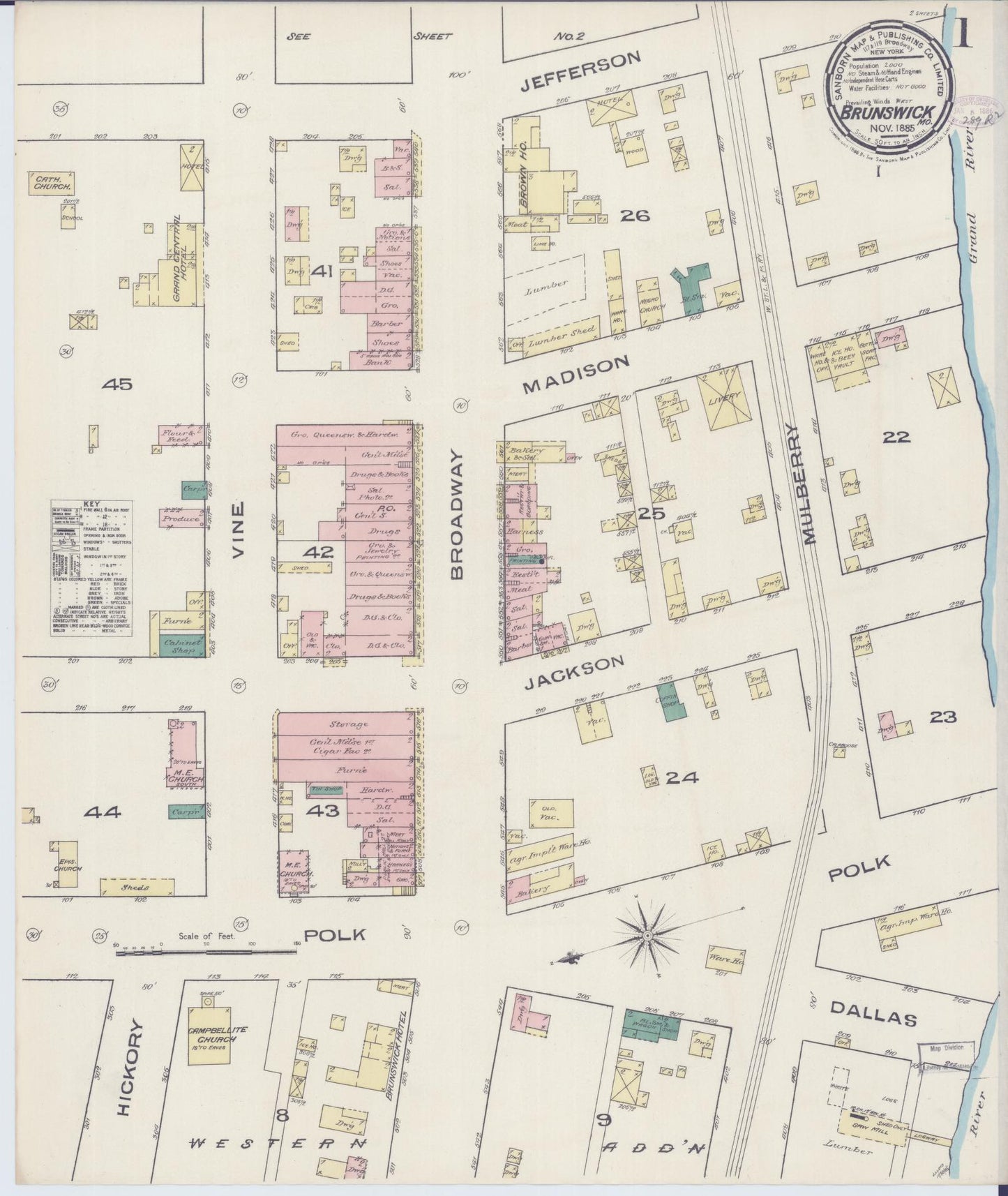 Sanborn Fire Insurance Map from Brunswick, Chariton County, Missouri (1885), Sheet #0001 - Complete Map Set gallery image, historic Sanborn map, vintage wall art, Missouri Missouri