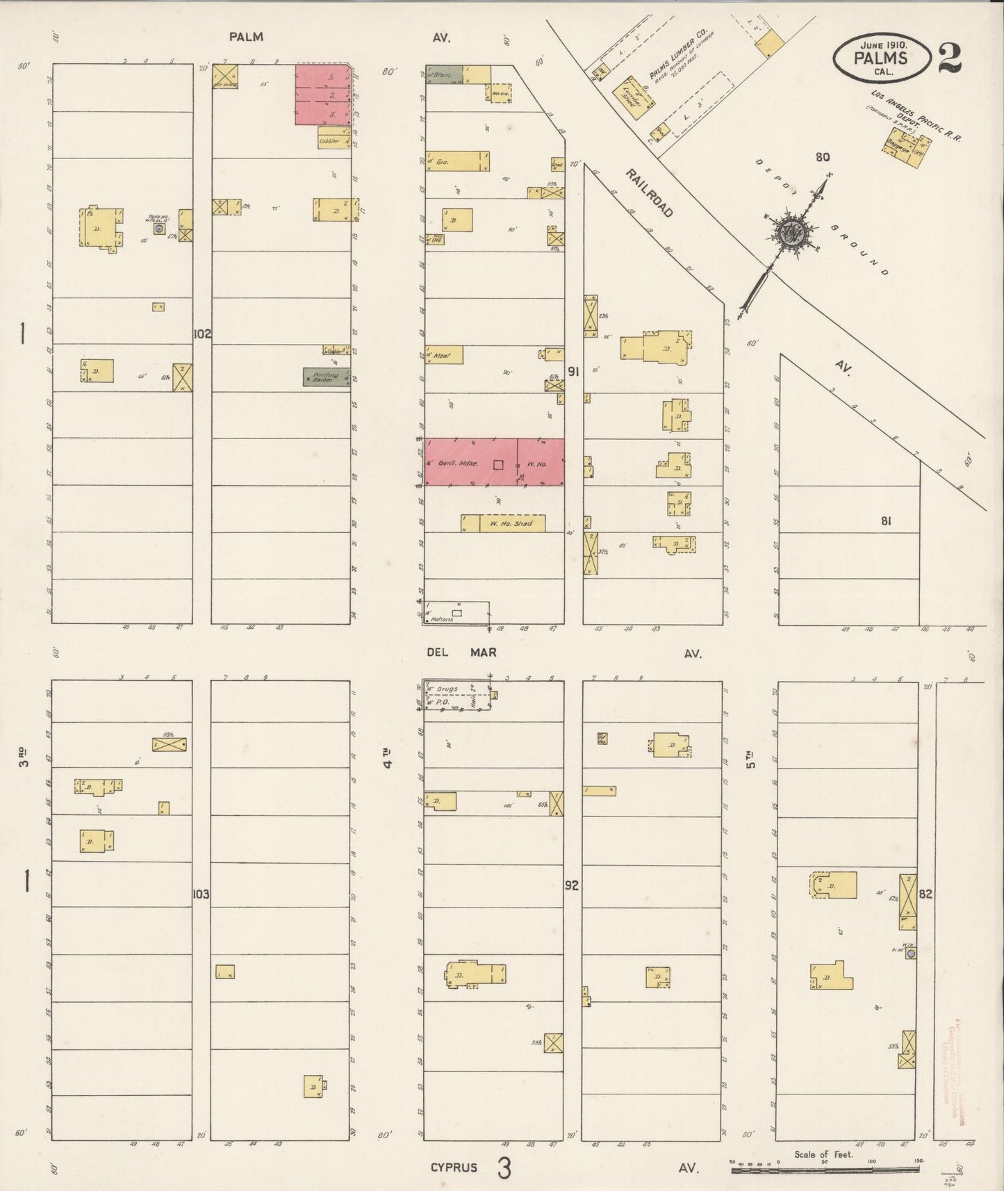 Sanborn Fire Insurance Map from Palms, Los Angeles County, California (1910), Sheet #0002 - Complete Map Set gallery image, historic Sanborn map, vintage wall art, California California