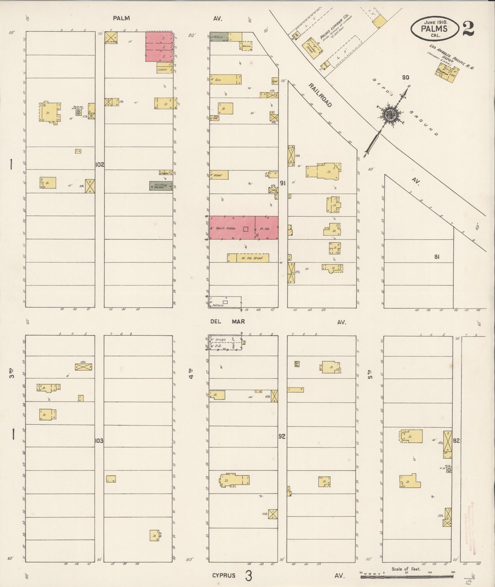 Sanborn Fire Insurance Map from Palms, Los Angeles County, California (1910), Sheet #0002 - Complete Map Set gallery image, historic Sanborn map, vintage wall art, California California