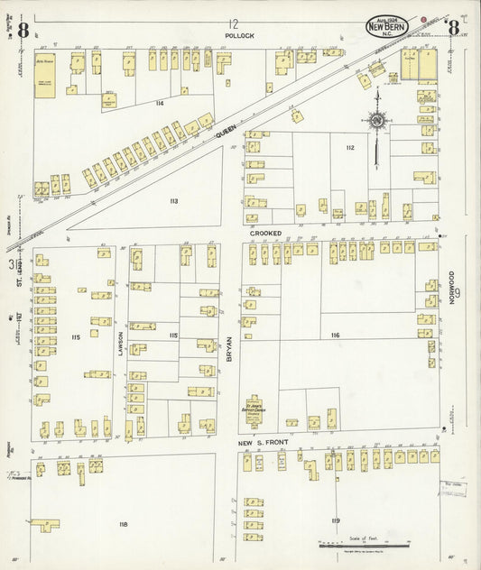 Sanborn Fire Insurance Map from New Bern, Craven County, North Carolina (1924), Sheet #0008 - Historic Sanborn Fire Insurance Map Print, vintage old map wall art, antique decor, genealogy gift, North Carolina North Carolina map