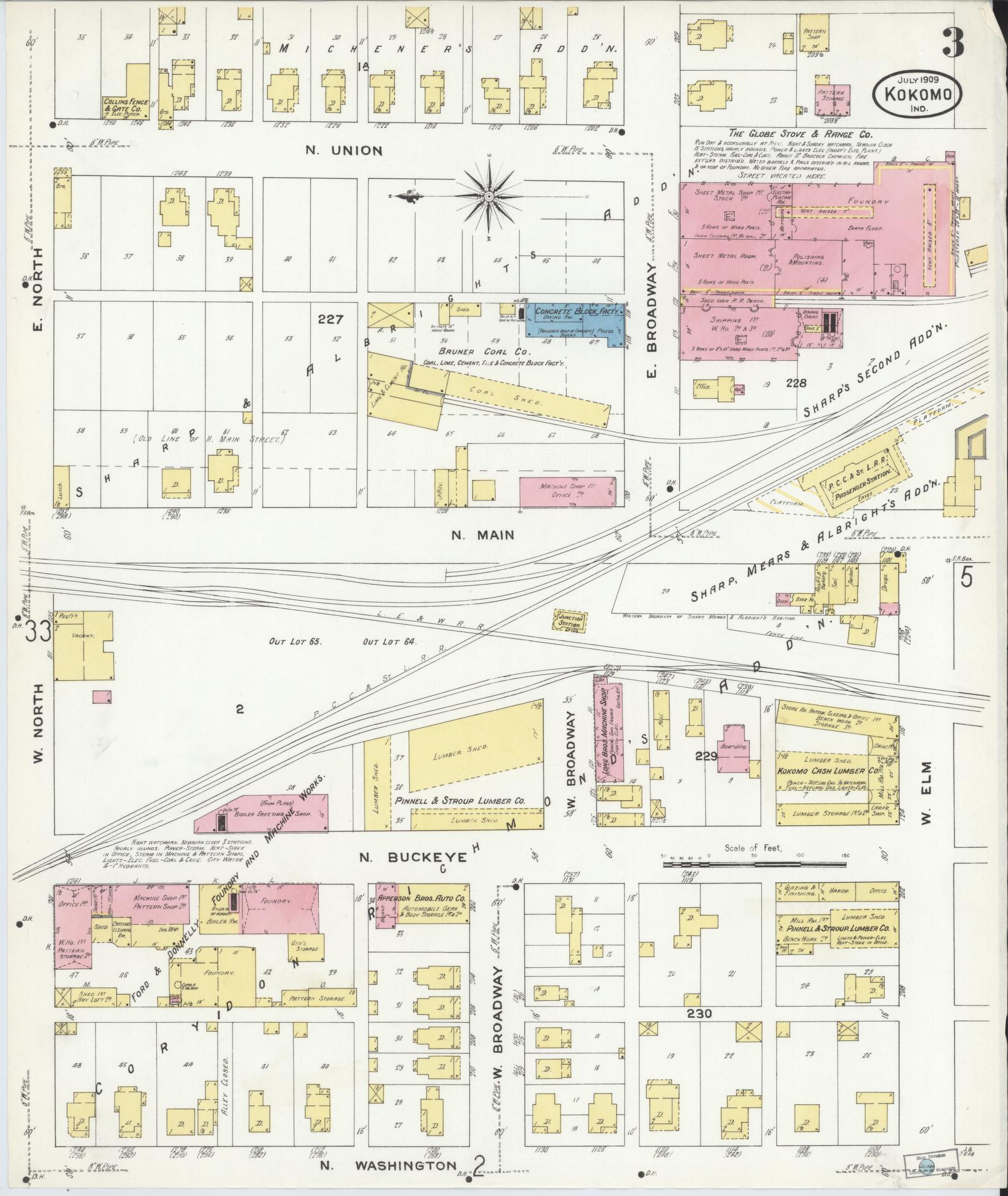 Sanborn Fire Insurance Map from Kokomo, Howard County, Indiana (1909), Sheet #0003 - Historic Sanborn Fire Insurance Map Print, vintage old map wall art, antique decor, genealogy gift, Indiana Indiana map