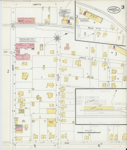 Sanborn Fire Insurance Map from Greeneville, Greene County, Tennessee (1903), Sheet #0003 - Historic Sanborn Fire Insurance Map Print, vintage old map wall art, antique decor, genealogy gift, Tennessee Tennessee map