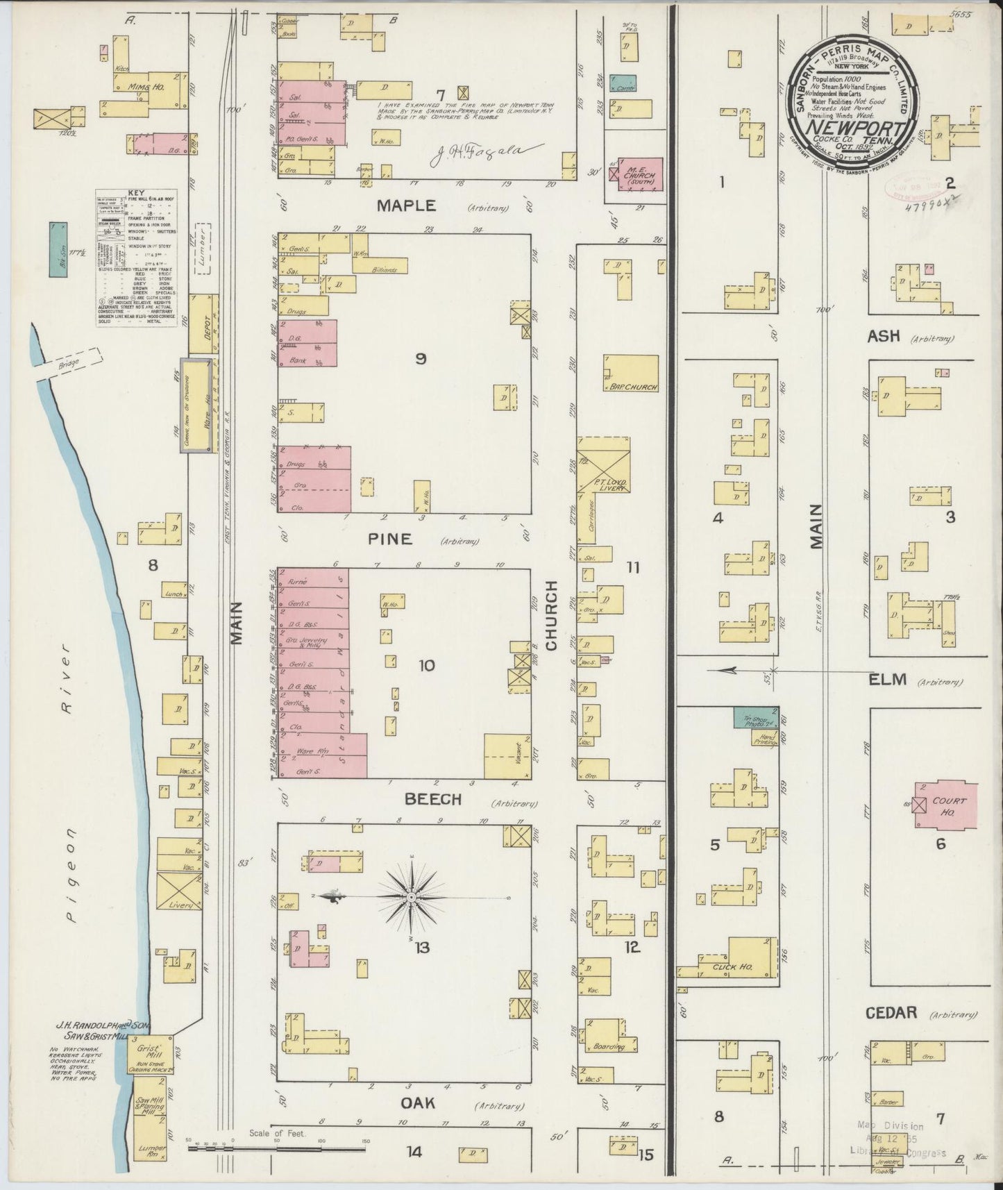 Sanborn Fire Insurance Map from Newport, Cocke County, Tennessee (1892), Sheet #0001 - Historic Sanborn Fire Insurance Map Print, vintage old map wall art, antique decor, genealogy gift, Tennessee Tennessee map