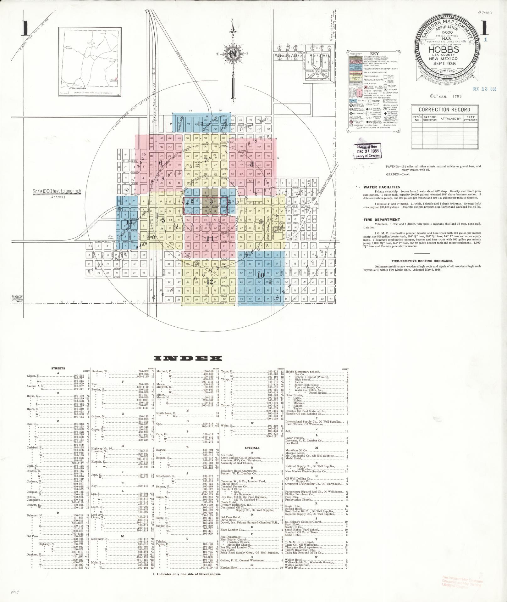 Sanborn Fire Insurance Map from Hobbs, Lea County, New Mexico (1938), Sheet #0001 - Complete Map Set gallery image, historic Sanborn map, vintage wall art, New Mexico New Mexico