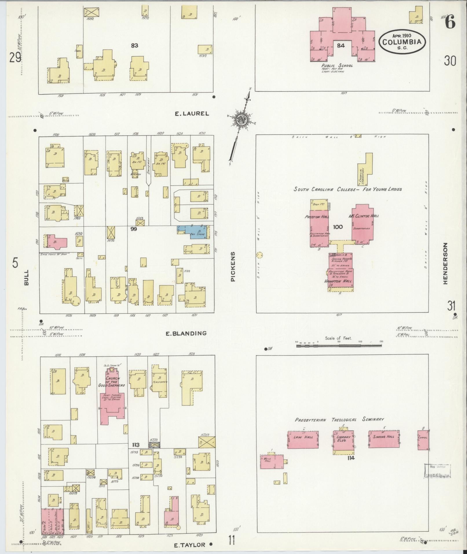 Sanborn Fire Insurance Map from Columbia, Richland County, South Carolina (1910), Sheet #0006 - Historic Sanborn Fire Insurance Map Print, vintage old map wall art, antique decor, genealogy gift, South Carolina South Carolina map