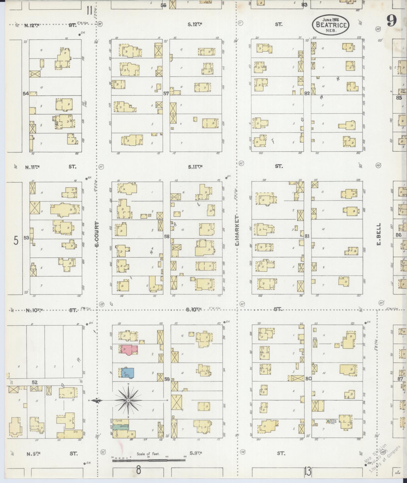 Sanborn Fire Insurance Map from Beatrice, Gage County, Nebraska (1906), Sheet #0009 - Historic Sanborn Fire Insurance Map Print, vintage old map wall art, antique decor, genealogy gift, Nebraska Nebraska map