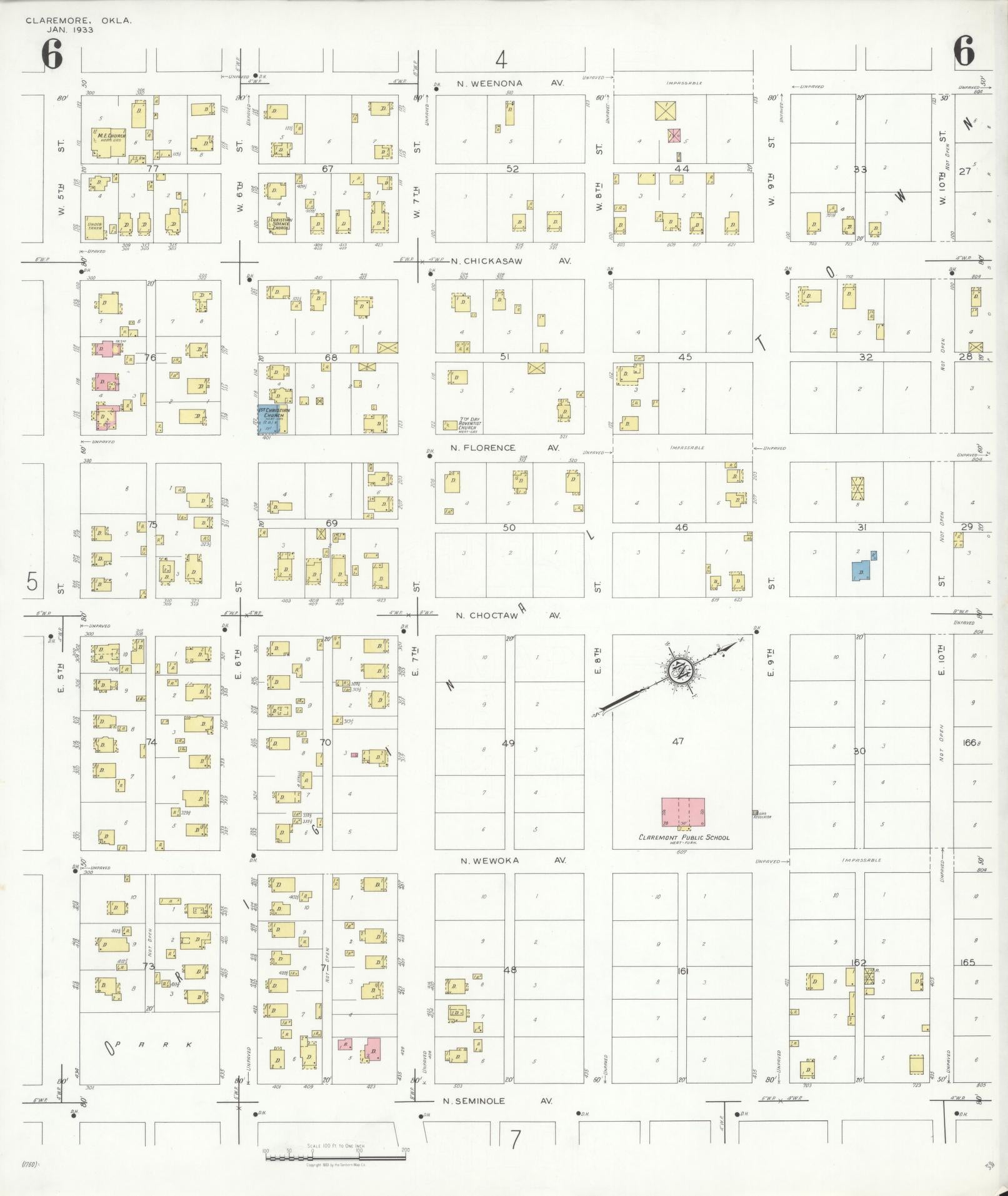 Sanborn Fire Insurance Map from Claremore, Rogers County, Oklahoma (1933), Sheet #0006 - Historic Sanborn Fire Insurance Map Print, vintage old map wall art, antique decor, genealogy gift, Oklahoma Oklahoma map