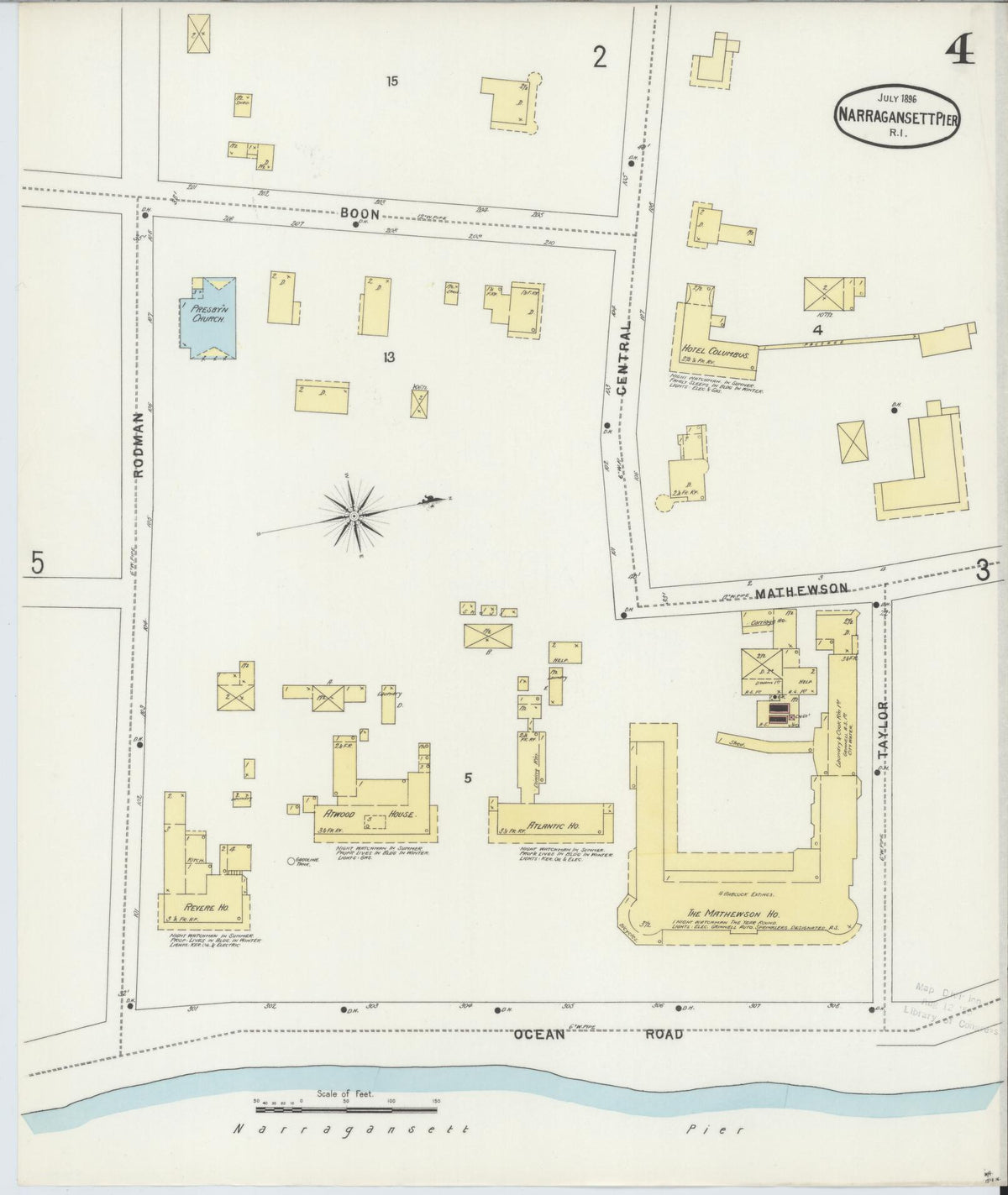 Sanborn Fire Insurance Map from Narragansett Pier, Washington County, Rhode Island (1896), Sheet #0004 - Historic Sanborn Fire Insurance Map Print, vintage old map wall art, antique decor, genealogy gift, Rhode Island Rhode Island map
