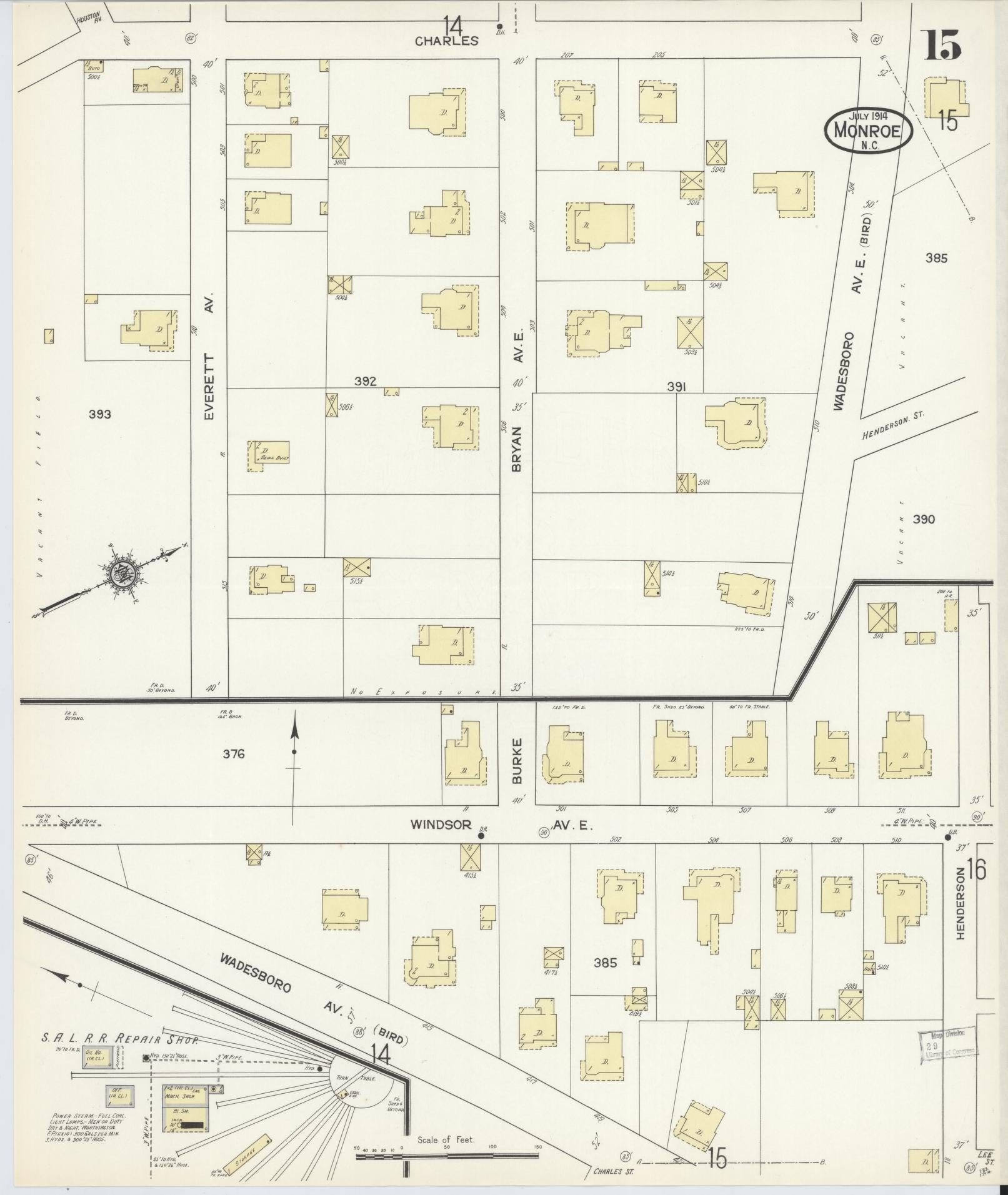 Sanborn Fire Insurance Map from Monroe, Union County, North Carolina (1914), Sheet #0015 - Historic Sanborn Fire Insurance Map Print, vintage old map wall art, antique decor, genealogy gift, North Carolina North Carolina map