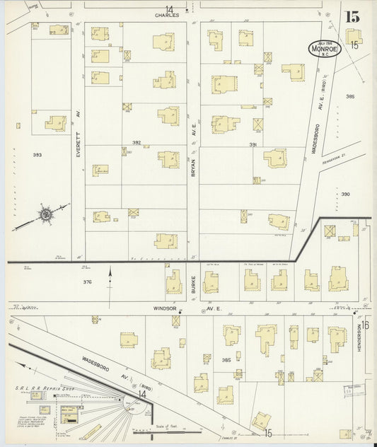 Sanborn Fire Insurance Map from Monroe, Union County, North Carolina (1914), Sheet #0015 - Historic Sanborn Fire Insurance Map Print, vintage old map wall art, antique decor, genealogy gift, North Carolina North Carolina map