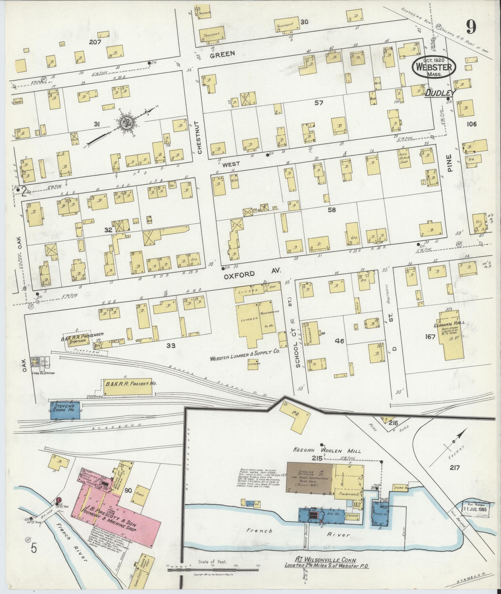 Sanborn Fire Insurance Map from Webster, Worcester County, Massachusetts (1920), Sheet #0009 - Complete Map Set gallery image, historic Sanborn map, vintage wall art, Massachusetts Massachusetts