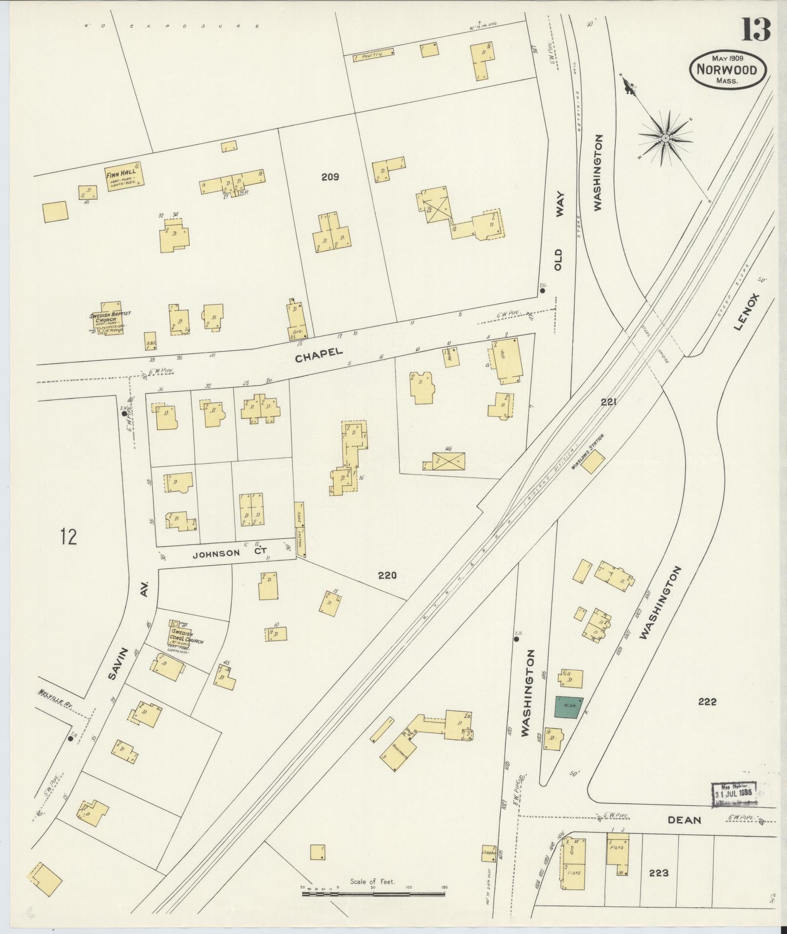 Sanborn Fire Insurance Map from Norwood, Norfolk County, Massachusetts (1909), Sheet #0013 - Complete Map Set gallery image, historic Sanborn map, vintage wall art, Massachusetts Massachusetts