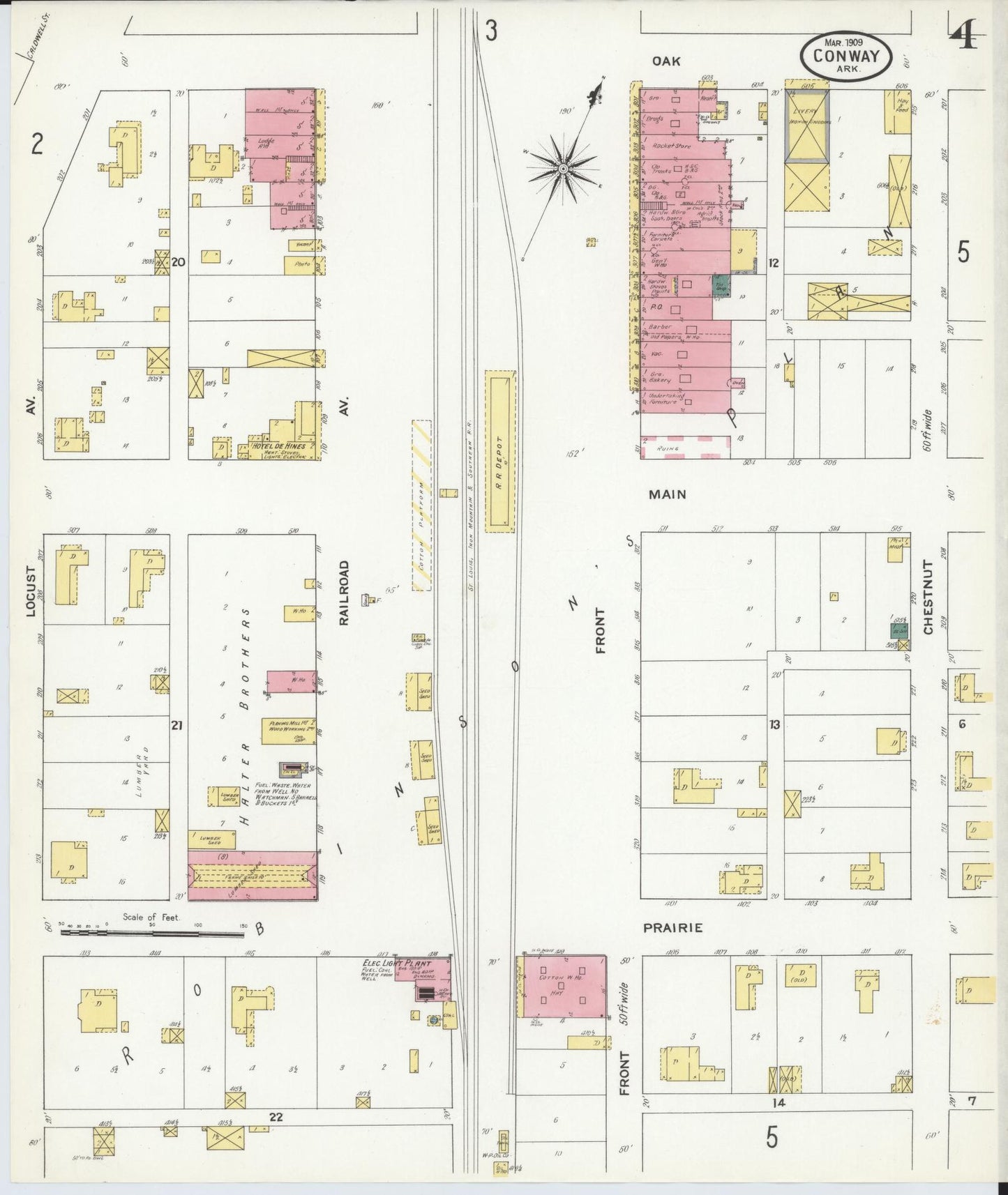 Sanborn Fire Insurance Map from Conway, Faulkner County, Arkansas (1909), Sheet #0004 - Historic Sanborn Fire Insurance Map Print, vintage old map wall art, antique decor, genealogy gift, Arkansas Arkansas map