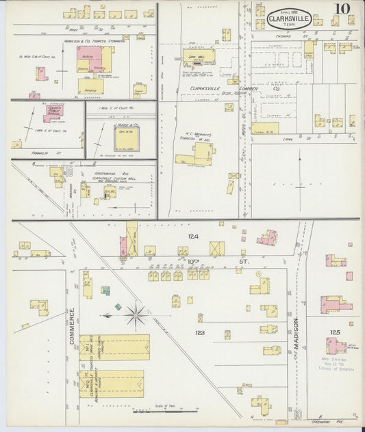 Sanborn Fire Insurance Map from Clarksville, Montgomery County, Tennessee (1893), Sheet #0010 - Historic Sanborn Fire Insurance Map Print, vintage old map wall art, antique decor, genealogy gift, Tennessee Tennessee map