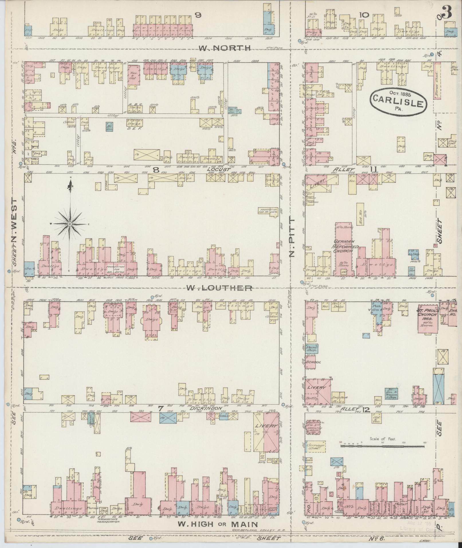 Sanborn Fire Insurance Map from Carlisle, Cumberland County, Pennsylvania (1885), Sheet #0003 - Historic Sanborn Fire Insurance Map Print, vintage old map wall art, antique decor, genealogy gift, Pennsylvania Pennsylvania map