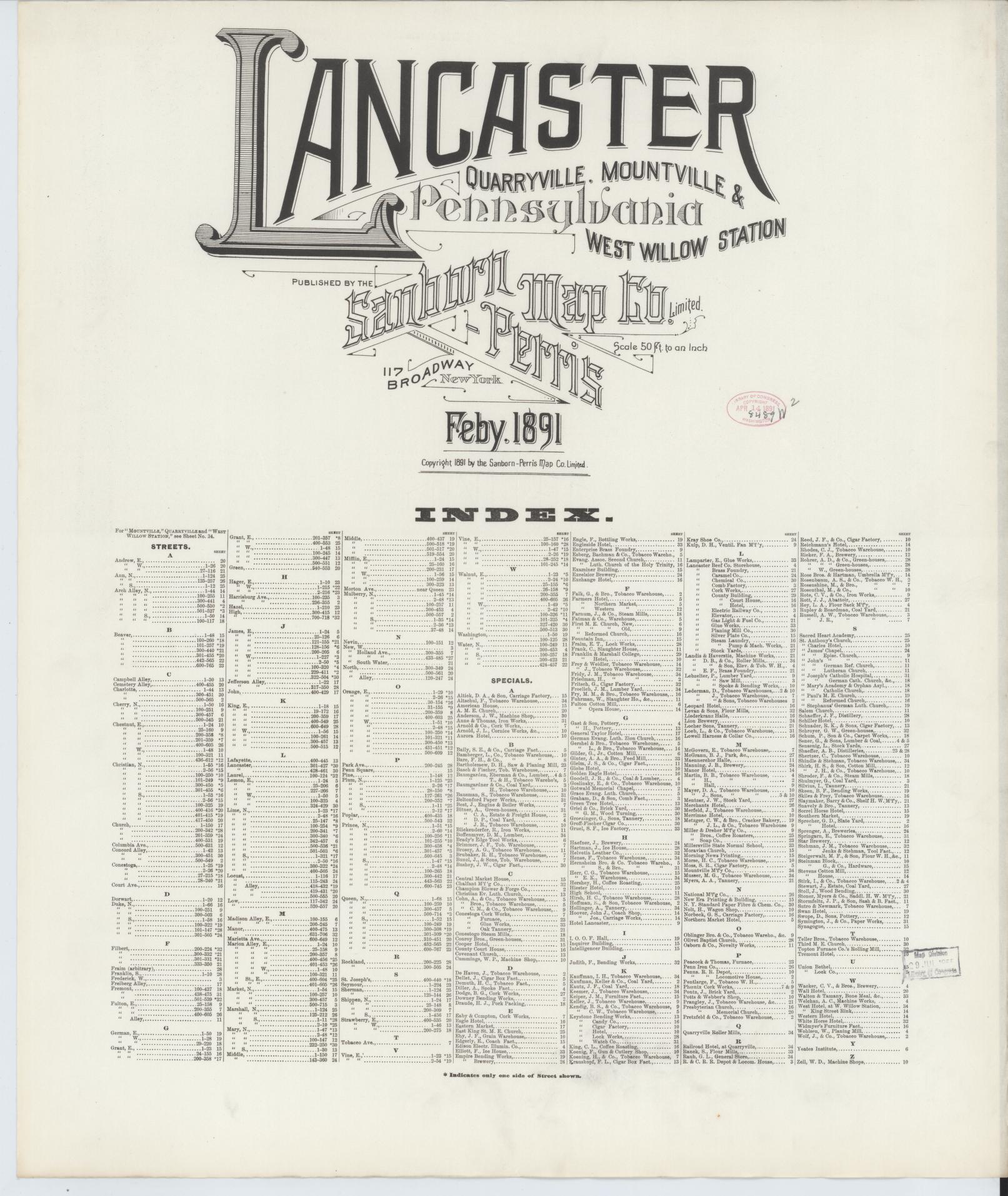 Sanborn Fire Insurance Map from Lancaster, Lancaster County, Pennsylvania. (1891) – Historic Sanborn Fire Insurance Map Print