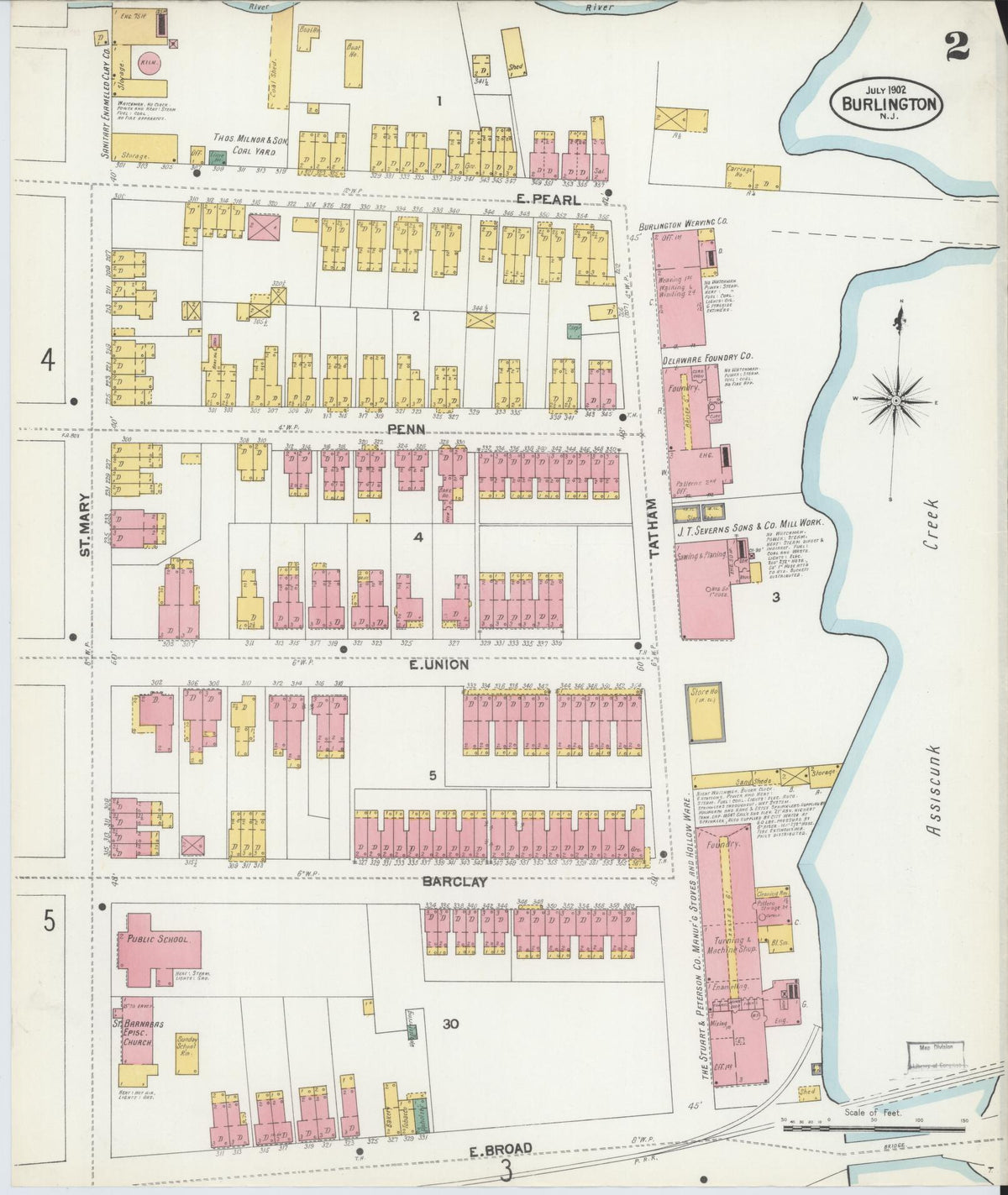 Sanborn Fire Insurance Map from Burlington, Burlington County, New Jersey (1902), Sheet #0002 - Historic Sanborn Fire Insurance Map Print, vintage old map wall art, antique decor, genealogy gift, New Jersey New Jersey map