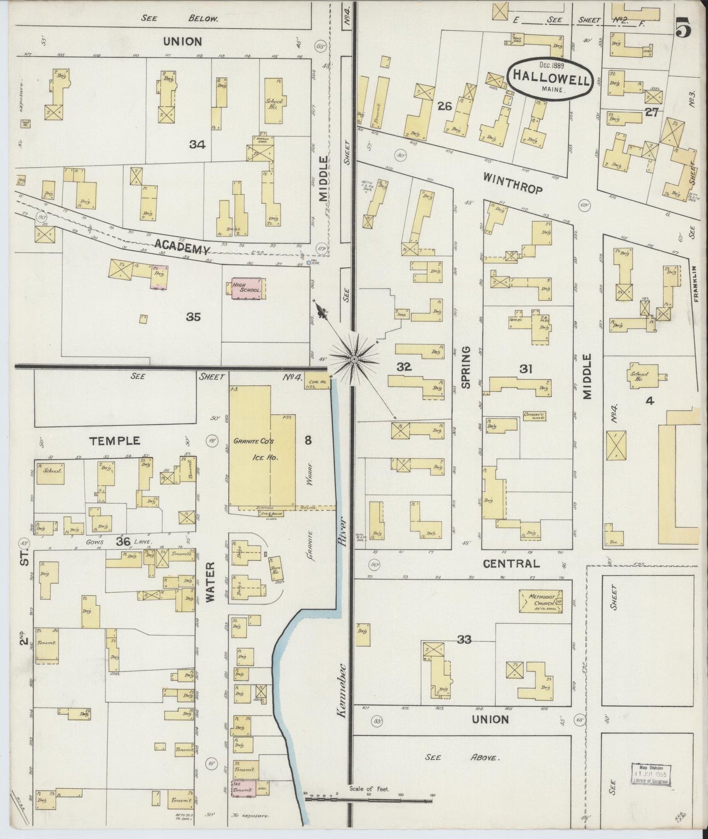 Sanborn Fire Insurance Map from Hallowell, Kennebec County, Maine (1889), Sheet #0005 - Complete Map Set gallery image, historic Sanborn map, vintage wall art, Maine Maine