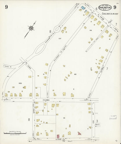 Sanborn Fire Insurance Map from Burlington, Alamance County, North Carolina (1924), Sheet #0009 - Historic Sanborn Fire Insurance Map Print, vintage old map wall art, antique decor, genealogy gift, North Carolina North Carolina map