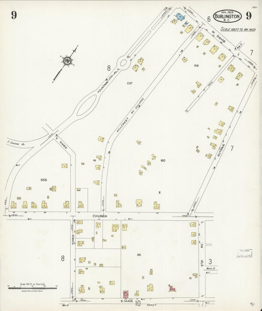 Sanborn Fire Insurance Map from Burlington, Alamance County, North Carolina (1924), Sheet #0009 - Historic Sanborn Fire Insurance Map Print, vintage old map wall art, antique decor, genealogy gift, North Carolina North Carolina map